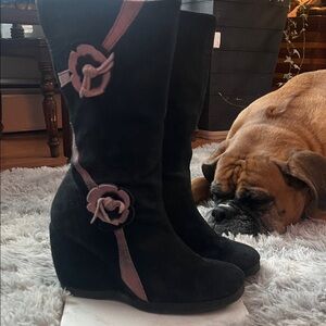 Stylish Black and Pink Women's Wedge Boots with gorgeous leather rosette/ties.
